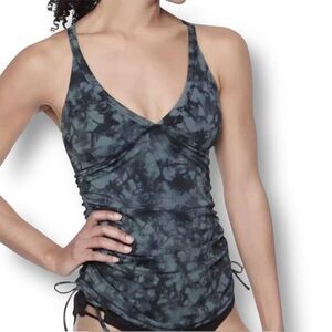 Athleta XS Black Gray Tie Dye Swim Tankini Top Ruched Crossback Beach Vacation